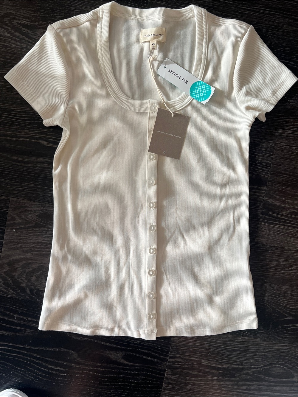 Thread & Supply Cream Ribbed Scoop-Neck Button Front Tee
